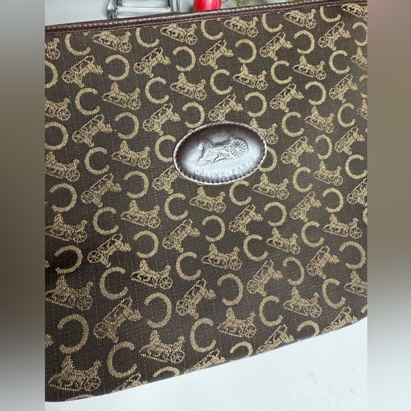 CELINE Denim Canvas Clutch Bag in Brown & Gold Celine Design & Carriages - RARE - Picture 15 of 16